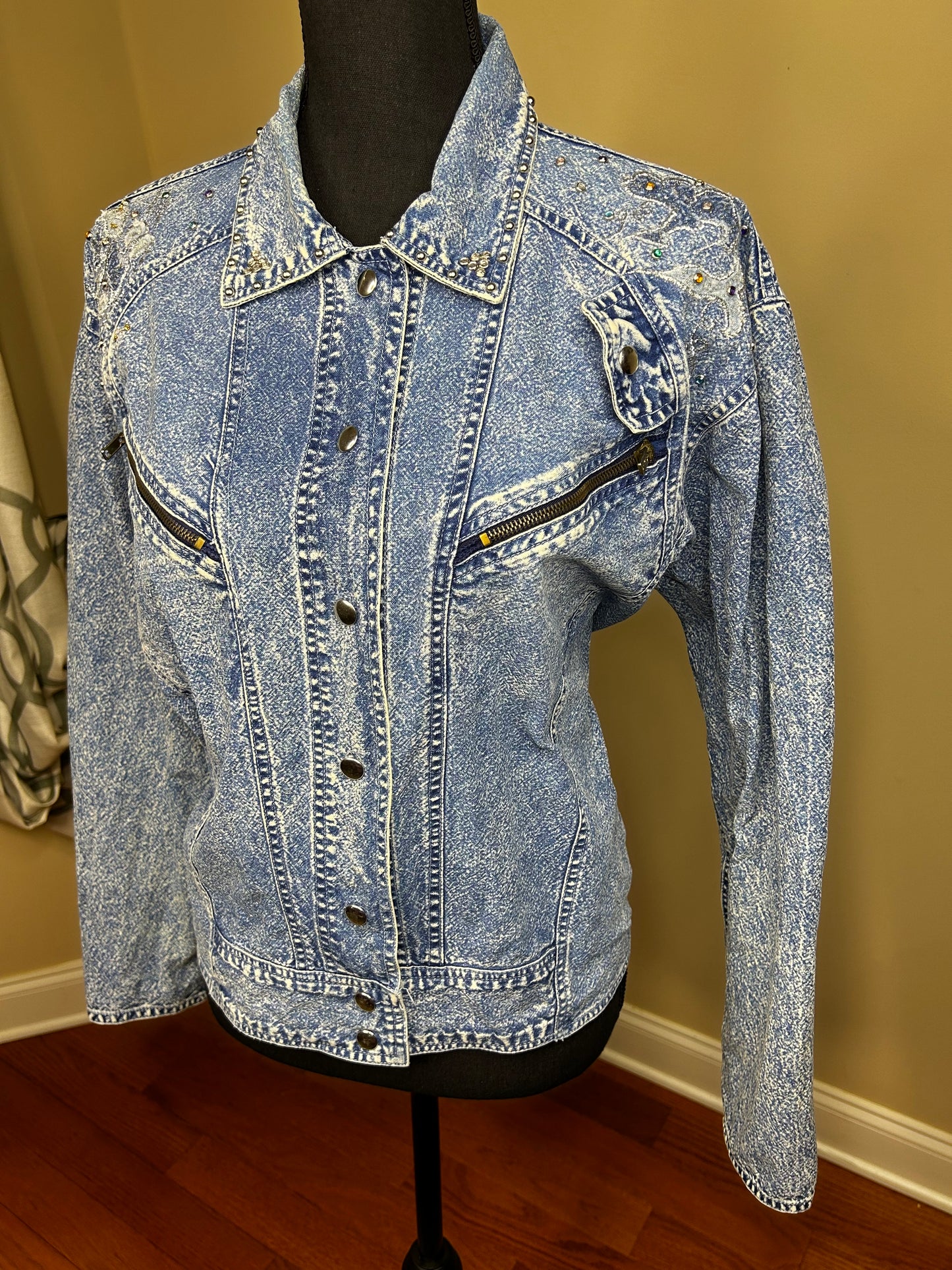 Vintage Acid Wash Bejeweled and Studded Denim Jacket