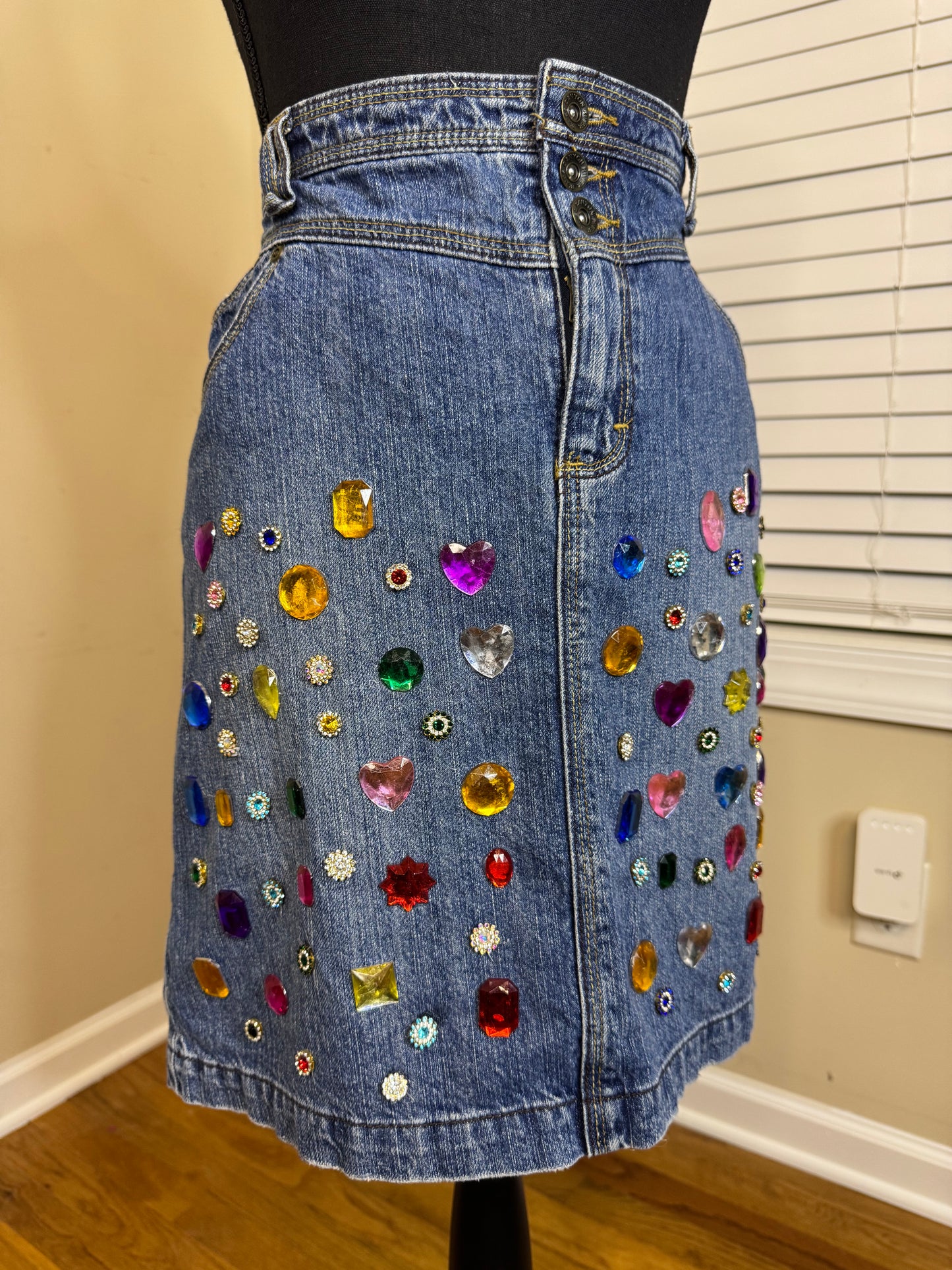 Canyon River Blues Upcycled Bejeweled Denim Skirt