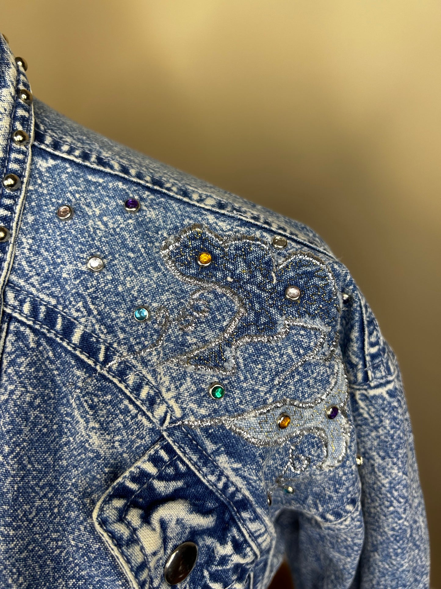 Vintage Acid Wash Bejeweled and Studded Denim Jacket