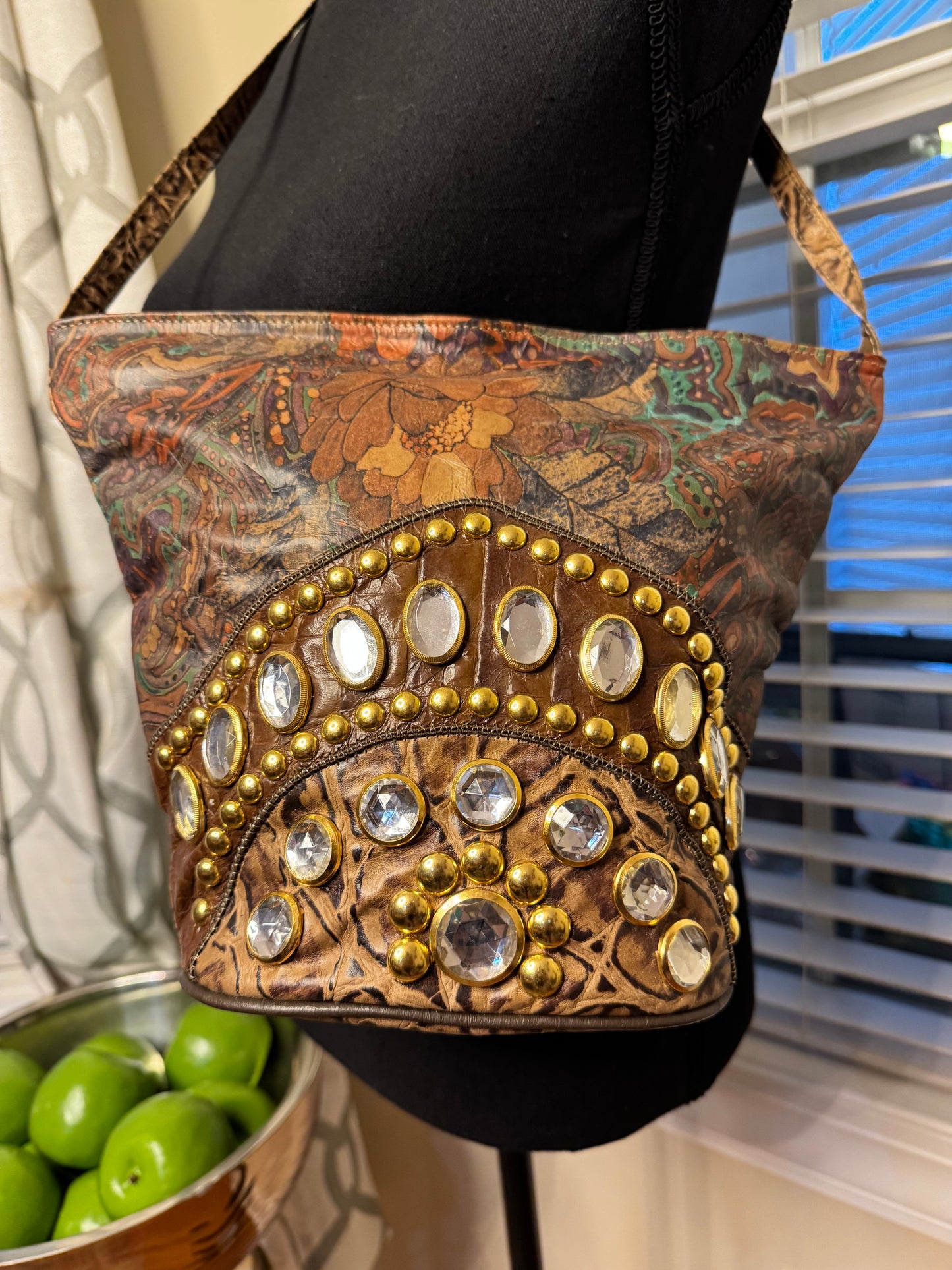 Genuine Leather Vintage Bejeweled Handbag