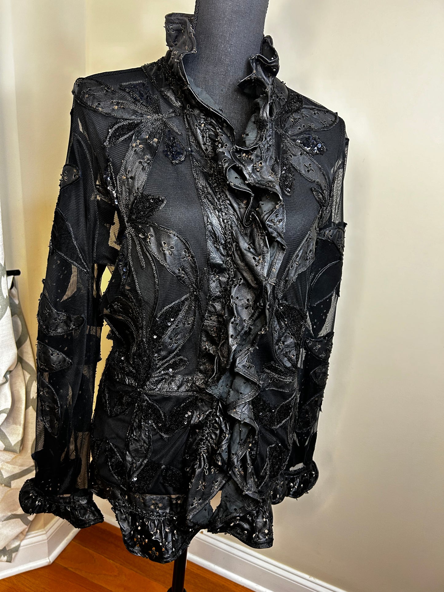 Genuine Lamb Leather Jacket with Sheer Sleeves and Sequin