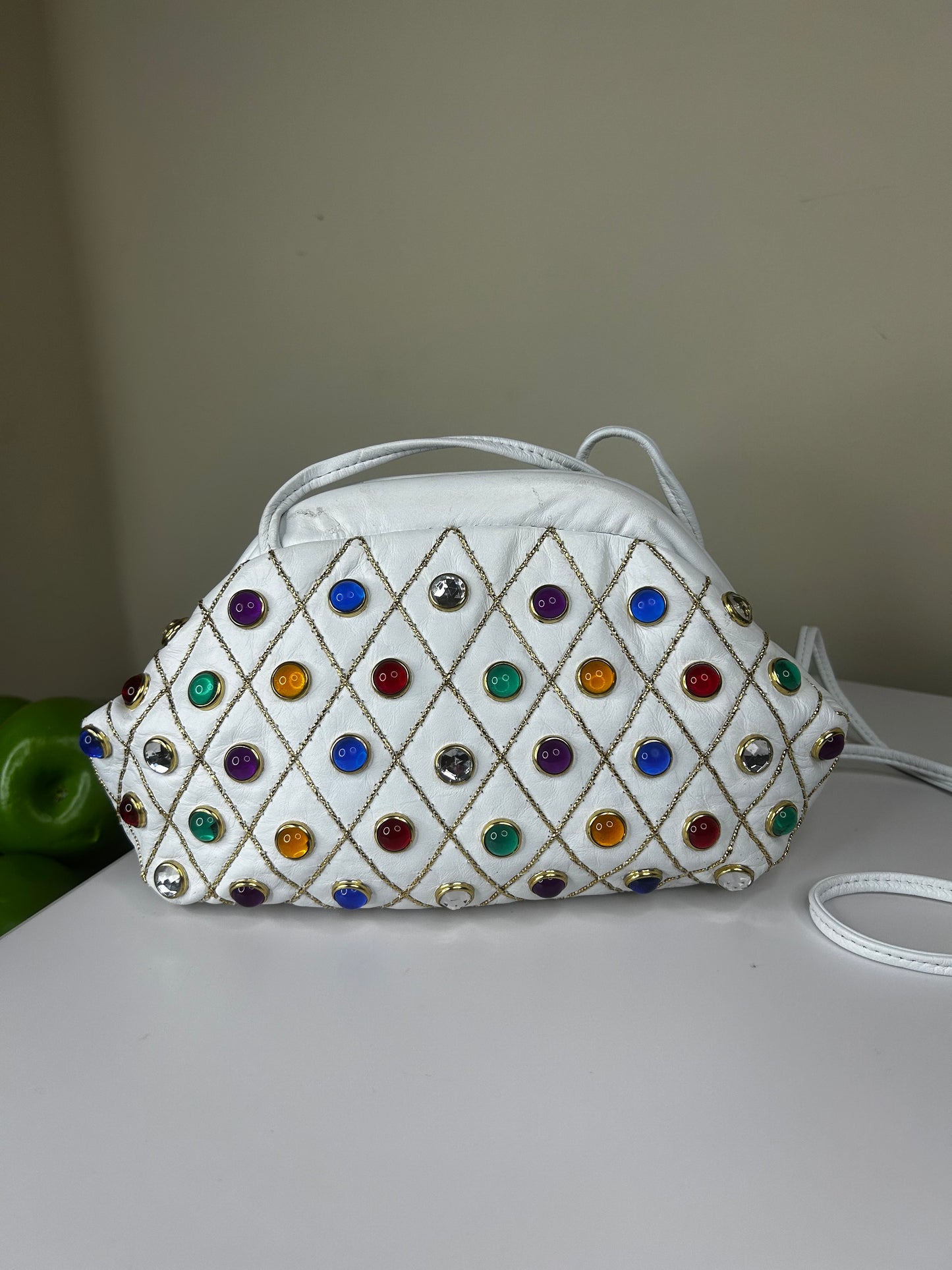 80's Quilted White Leather Colorful Jeweled Crossbody Bag