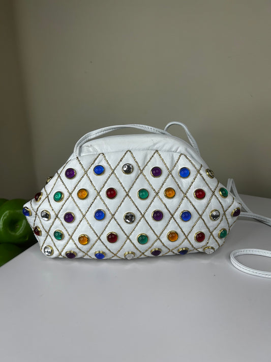80's Quilted White Leather Colorful Jeweled Crossbody Bag