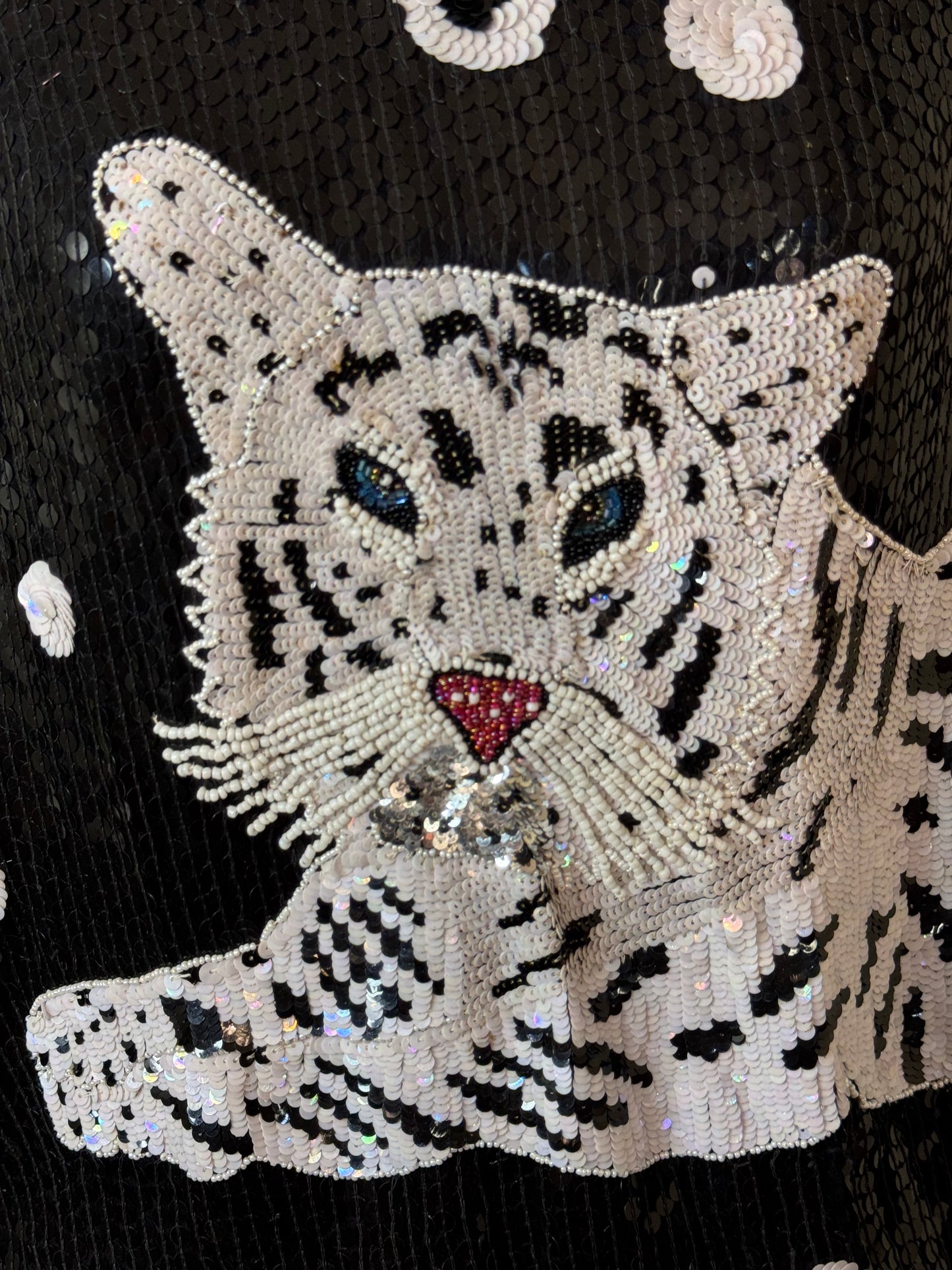 Vintage MODI Sequin White Tiger Dolman Sleeve Top