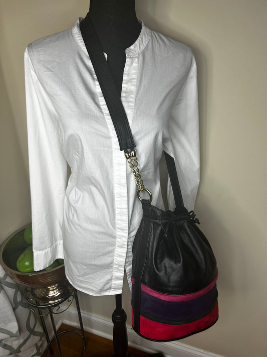 Genuine Leather Colorblock Purse with Drawstring Closure