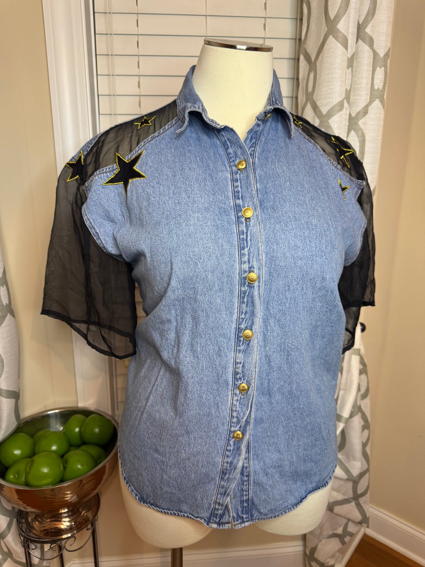 Vintage ZANA-DI Denim Star Embroidered Shirt with Sheer Sleeves