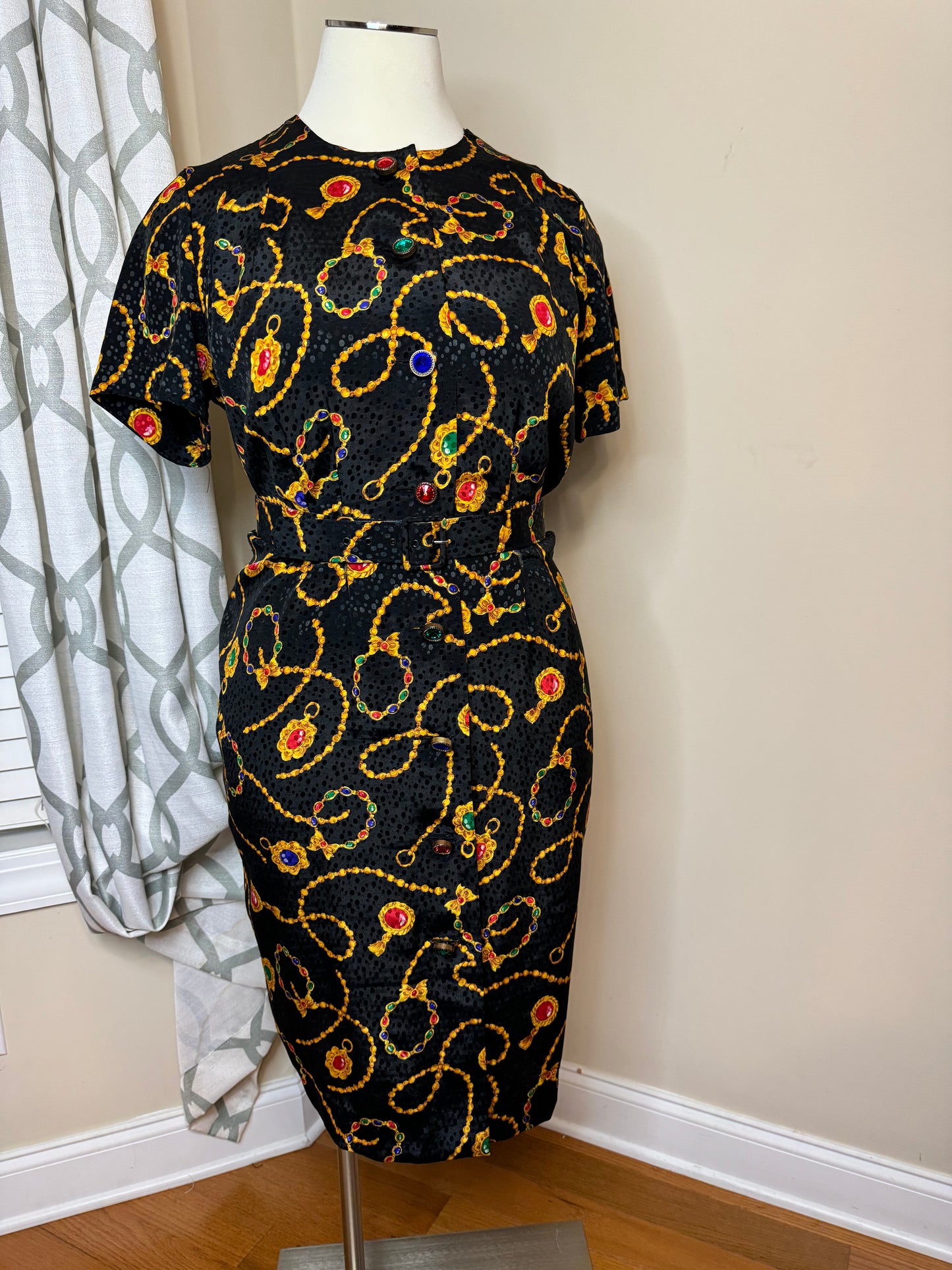 Vintage Leslie Faye Jeweled Button Dress with Matching Belt