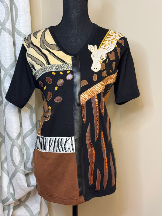 Vintage Victoria Harbour Beaded and Embroidered Tshirt with Faux Leather Patches