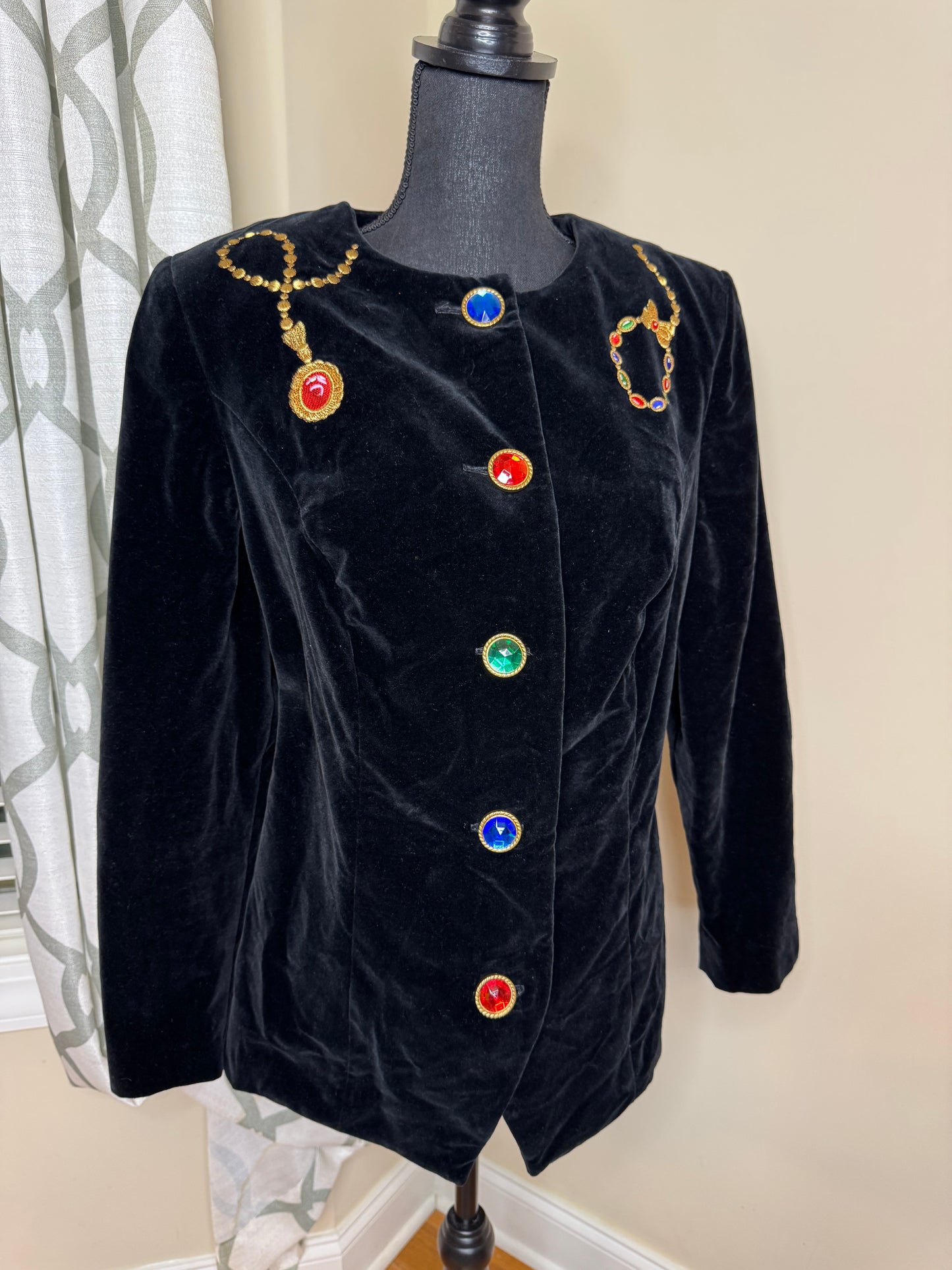 Leslie Faye Velour Embroidered and Bejeweled Button Blazer
