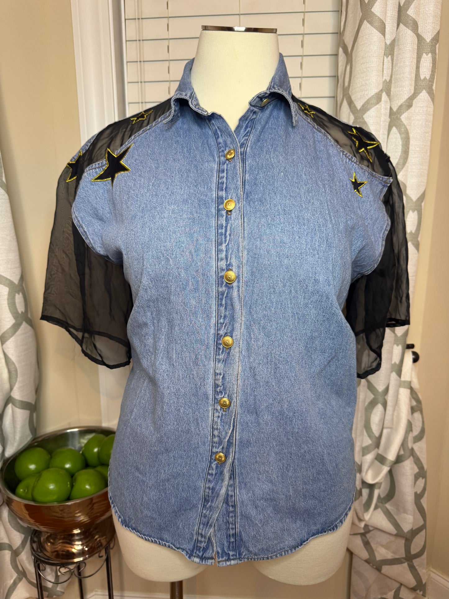 Vintage ZANA-DI Denim Star Embroidered Shirt with Sheer Sleeves