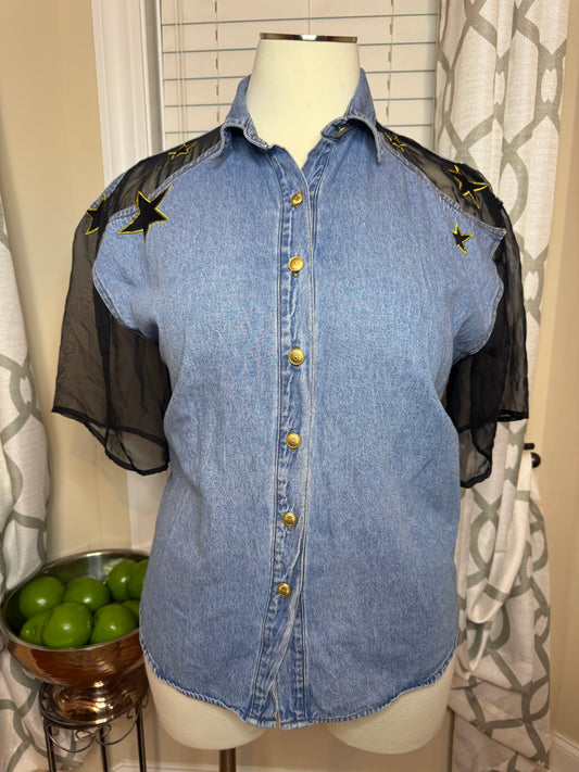 Vintage ZANA-DI Denim Star Embroidered Shirt with Sheer Sleeves