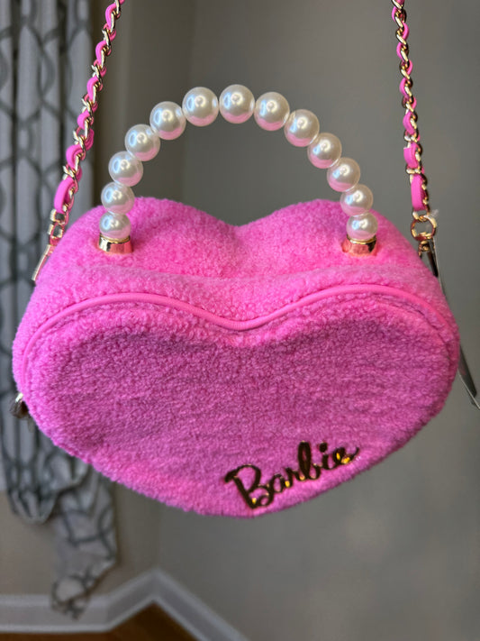 Barbie Our Universe Heart Figural Crossbody Bag Pink Gold Pearl Chain Strap NWT
