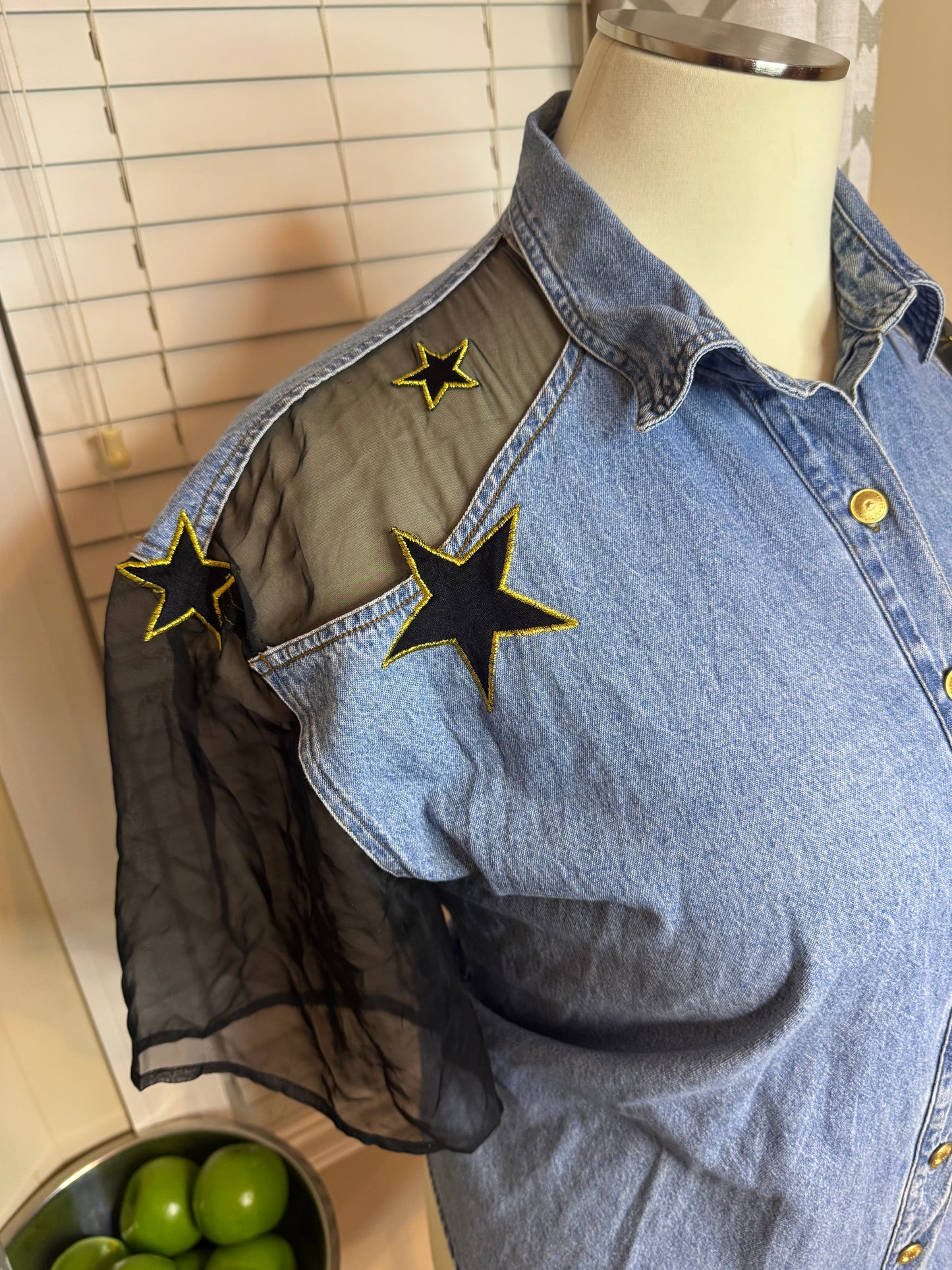 Vintage ZANA-DI Denim Star Embroidered Shirt with Sheer Sleeves