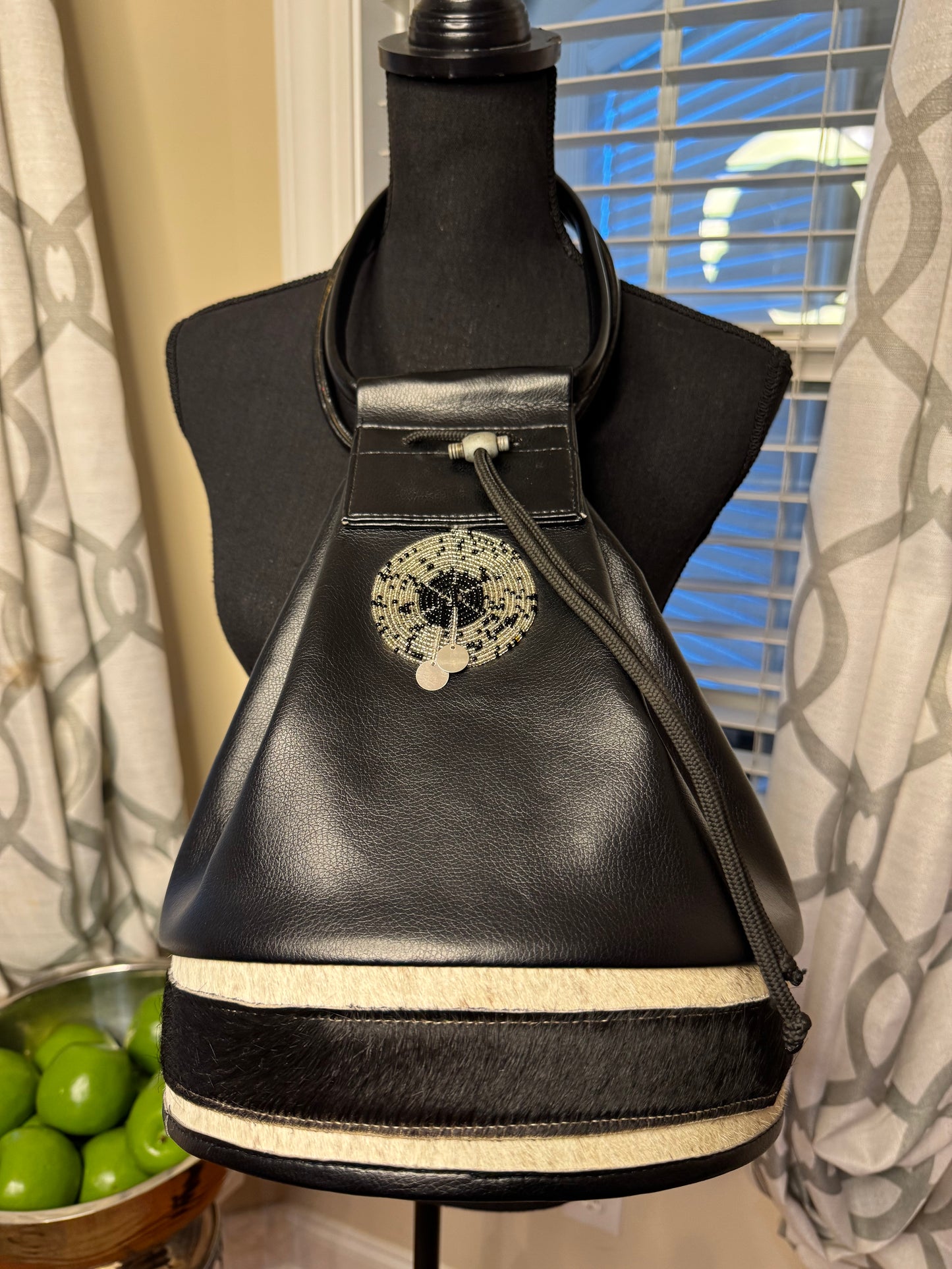 Black Faux Leather Handbag with Mohair Trim