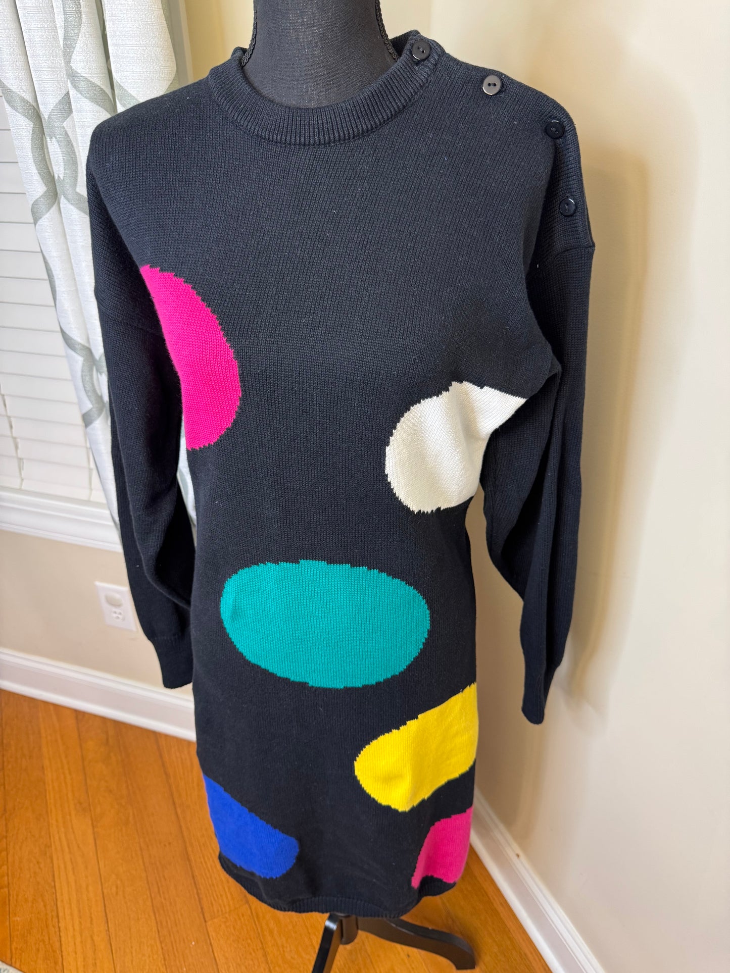 Vtg 80s Leslie Fay Polka Dot Sweater Dress