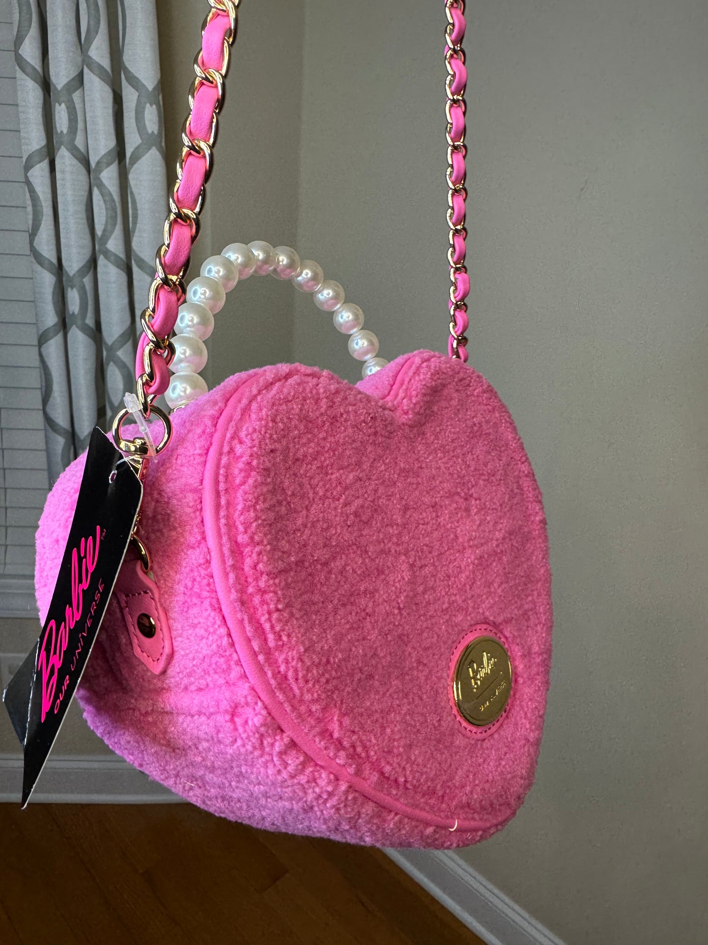 Barbie Our Universe Heart Figural Crossbody Bag Pink Gold Pearl Chain Strap NWT
