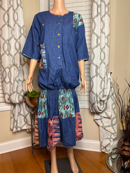 Vintage Vikki of California Denim and Abstract Print Dress