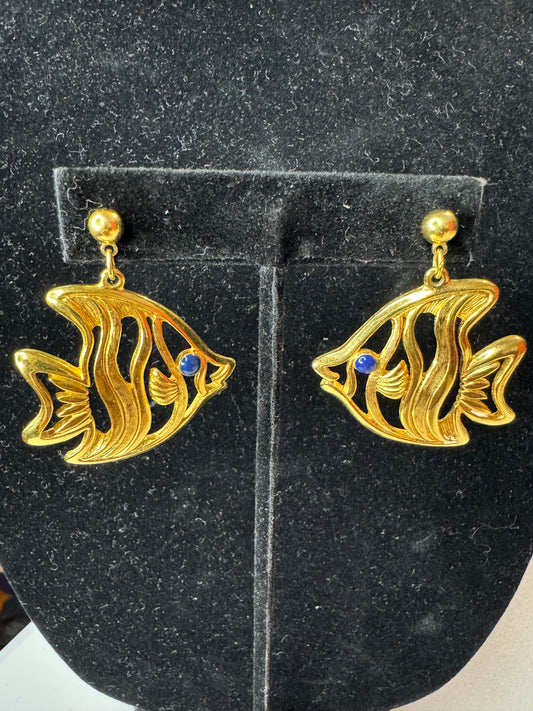Vtg Angel Fish Gold Tone Earrings