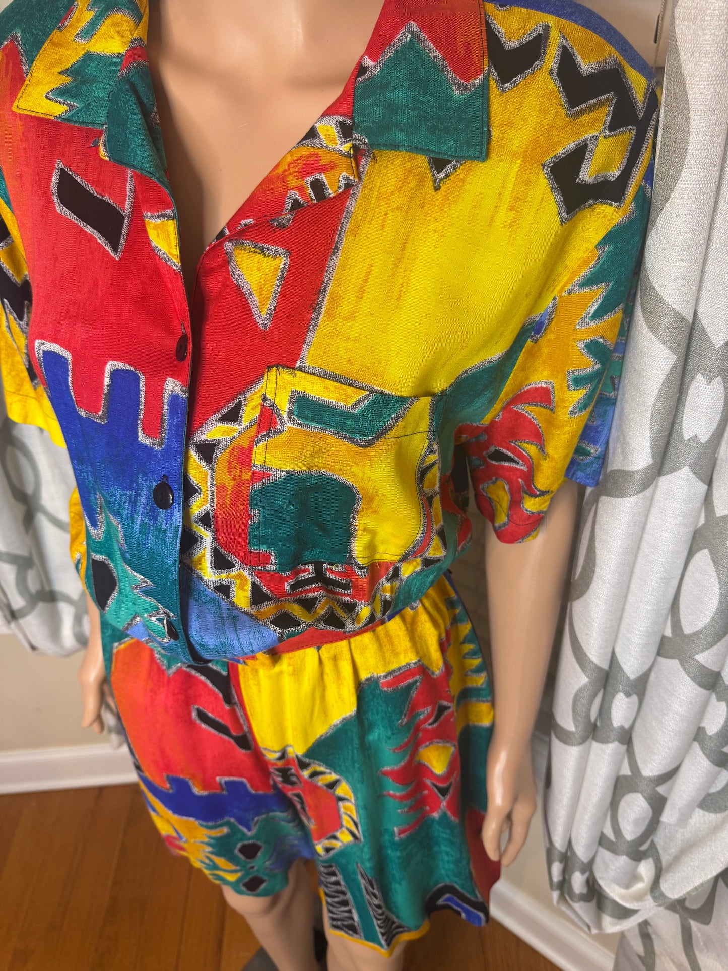 Caliche' Abstract Print Shorts Romper with Belt