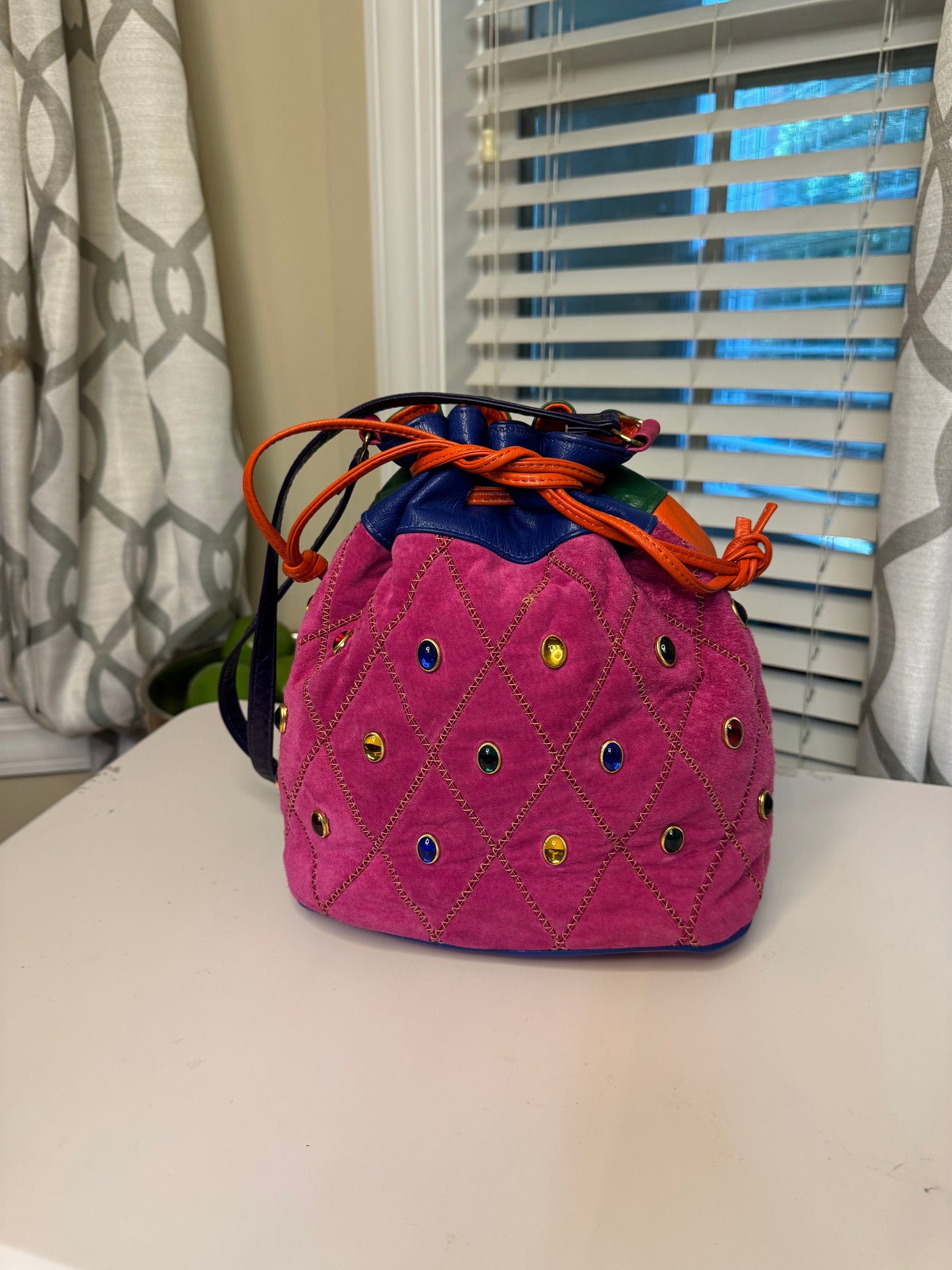Genuine Leather Bejeweled Vintage Bucket Bag