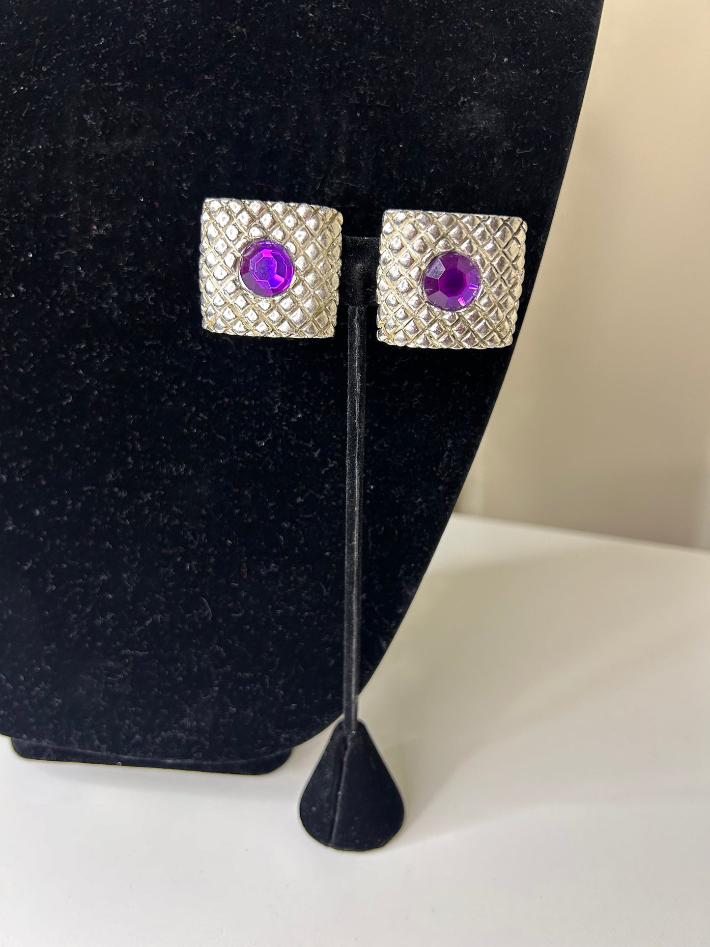 Silver Tone Necklace with Vintage Purple Bejeweled Clip-Ons