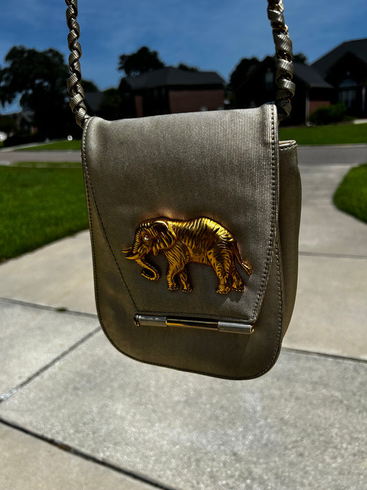Vintage Gold Metallic Crystal Eyes Elephant Bag