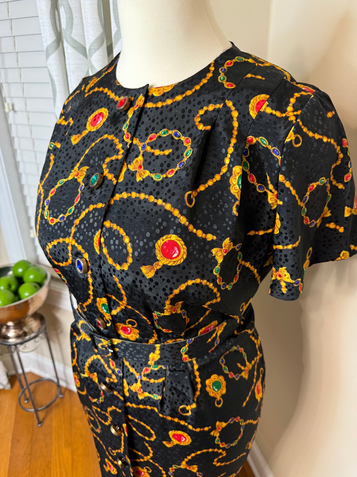 Vintage Leslie Faye Jeweled Button Dress with Matching Belt