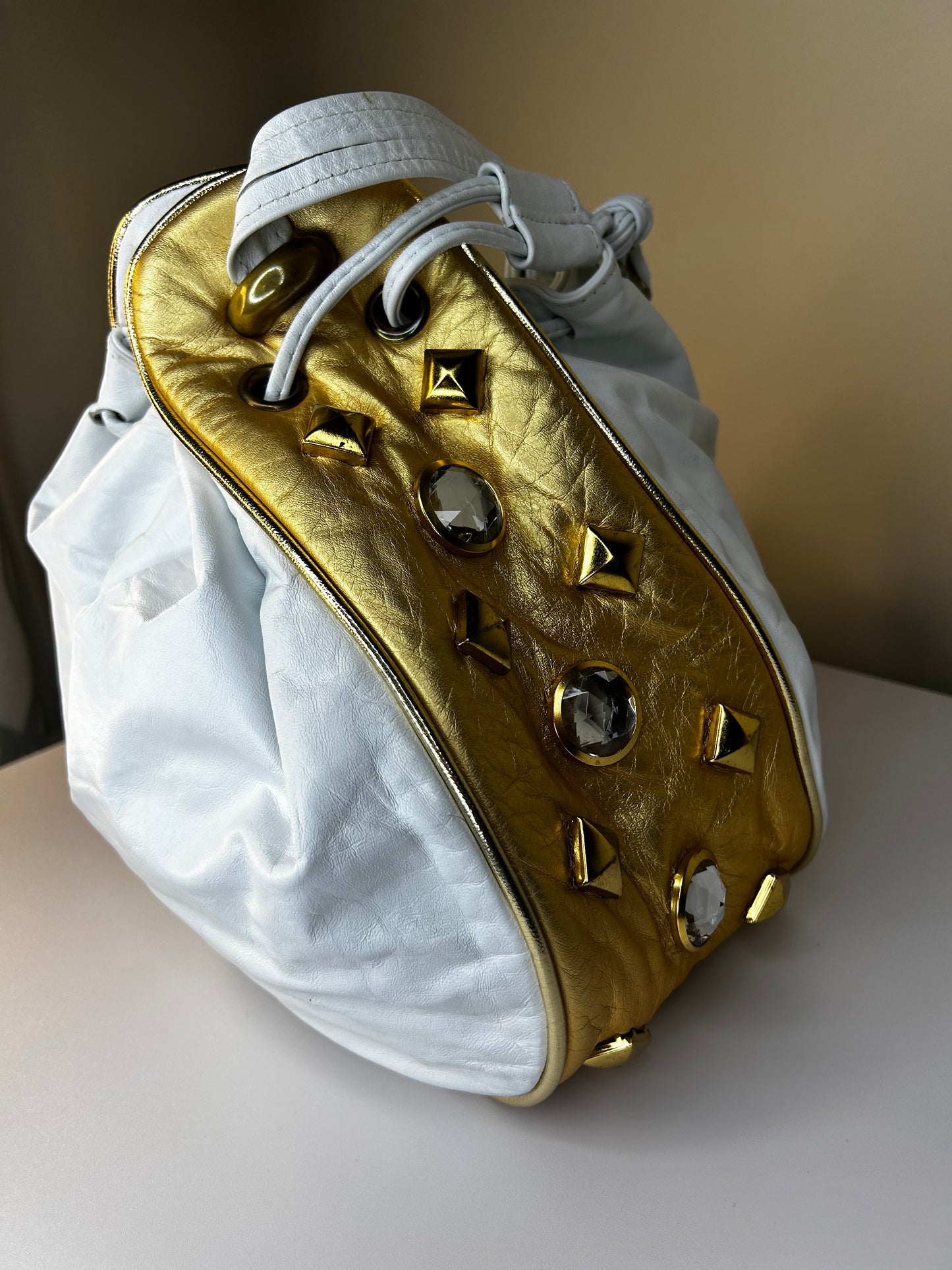 White Bejeweled Bucket Bag