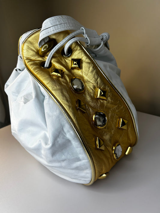 White Bejeweled Bucket Bag