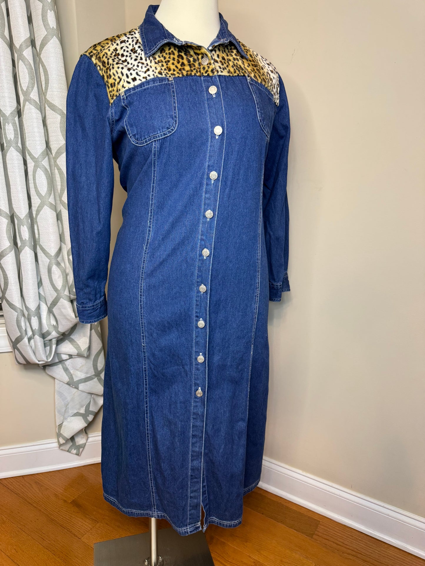 Baccini Vintage Animal Print Trimmed Denim Dress