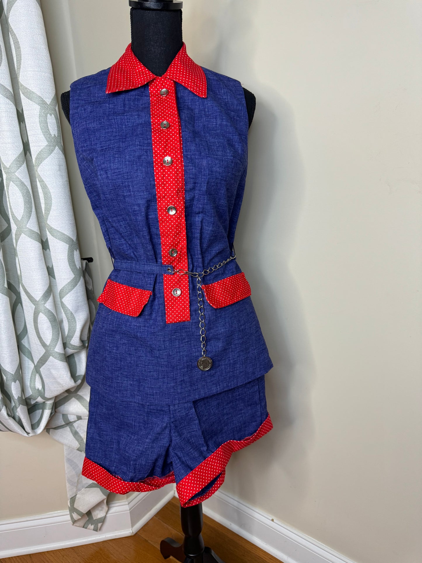 Vintage 80's 2-Piece Denim Polka Dot Trimmed Short Set with Belt