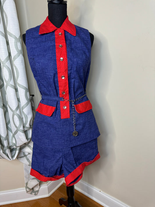 Vintage 80's 2-Piece Denim Polka Dot Trimmed Short Set with Belt