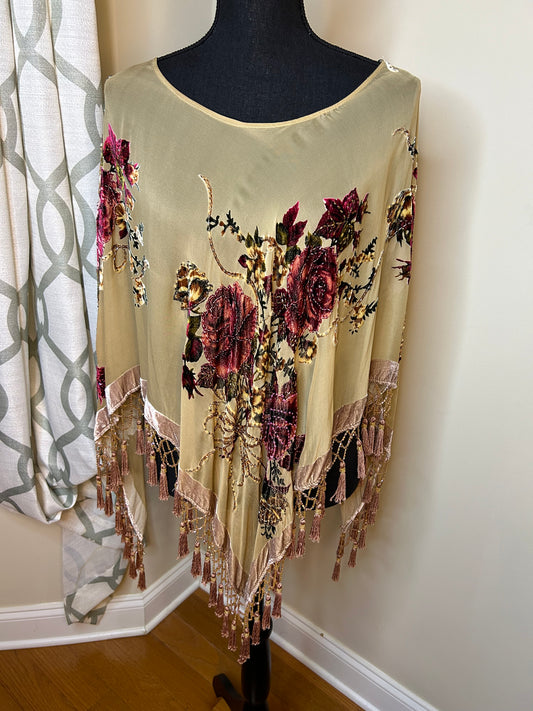 Cache Embroidered and Beaded Poncho with Sequin Tassels