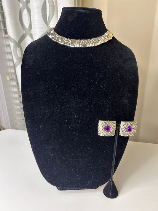 Silver Tone Necklace with Vintage Purple Bejeweled Clip-Ons