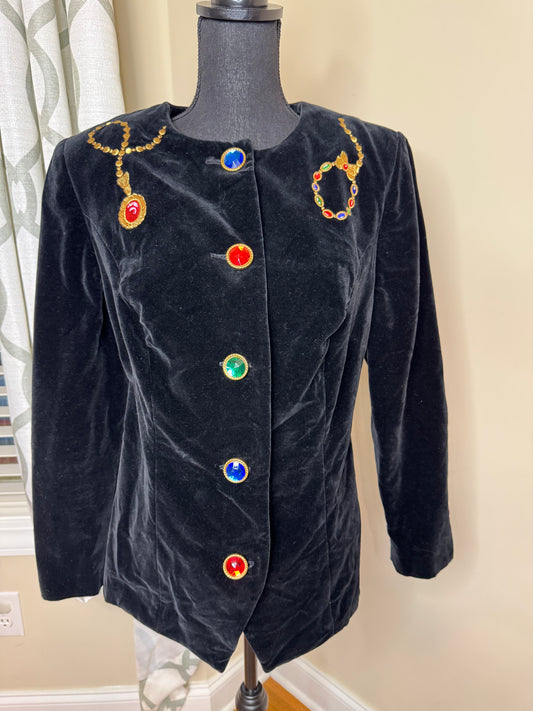 Leslie Faye Velour Embroidered and Bejeweled Button Blazer