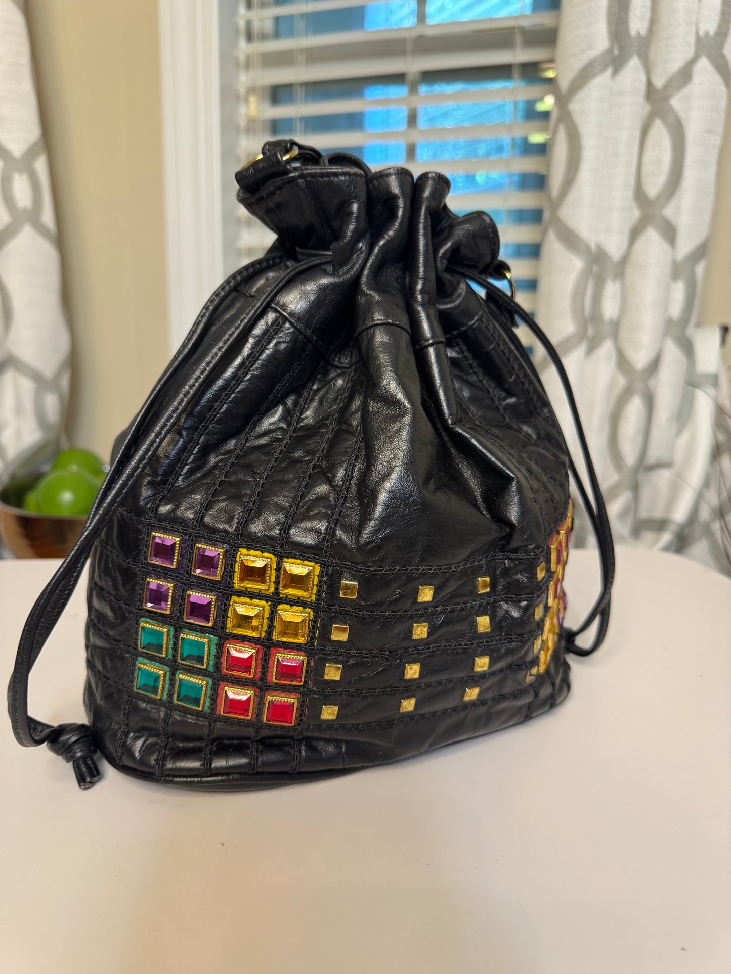Genuine Leather Vintage Bejeweled Bucket Bag