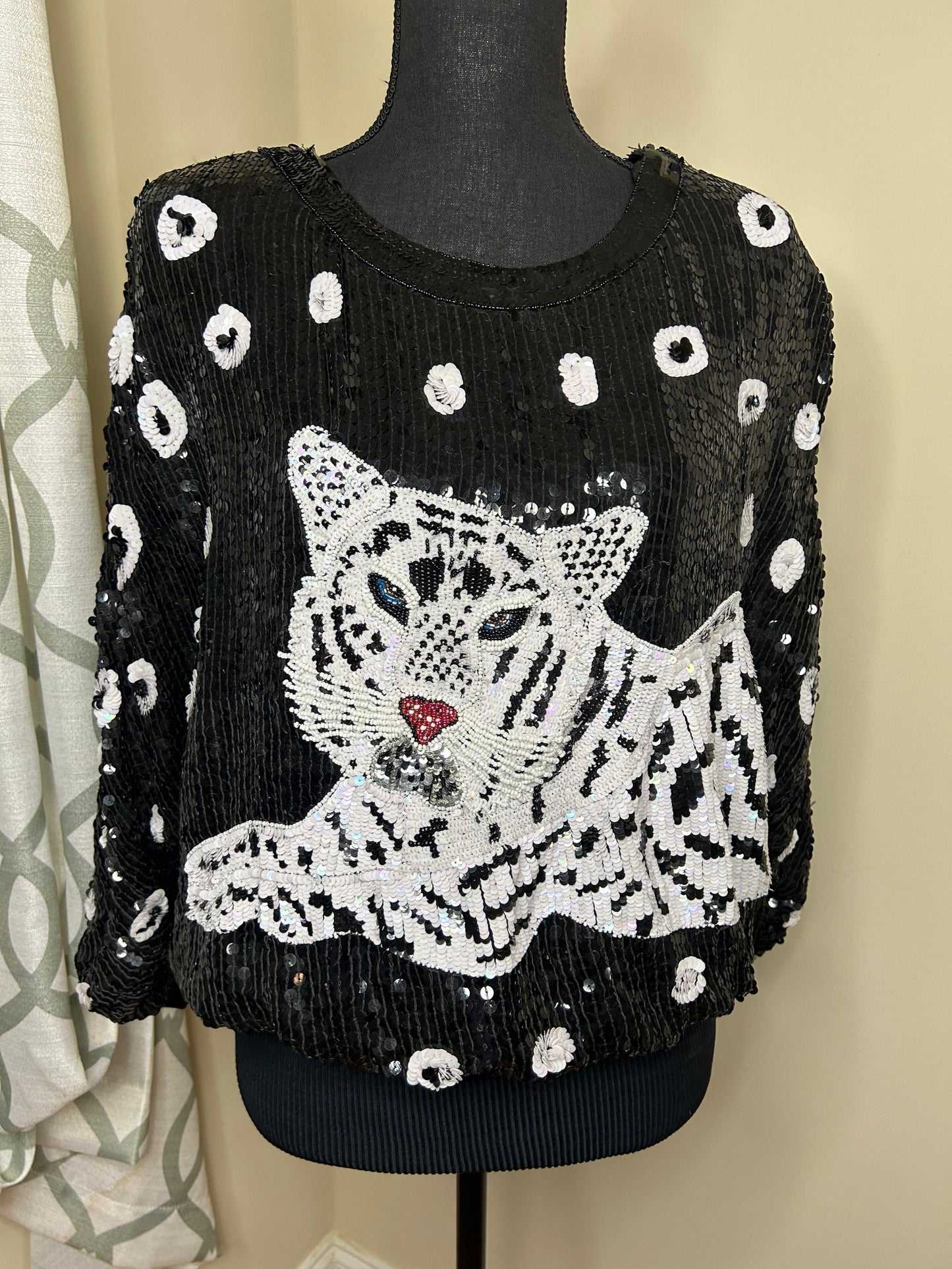 VTG MODI Sequin White Tiger Dolman Sleeve Top NWOT