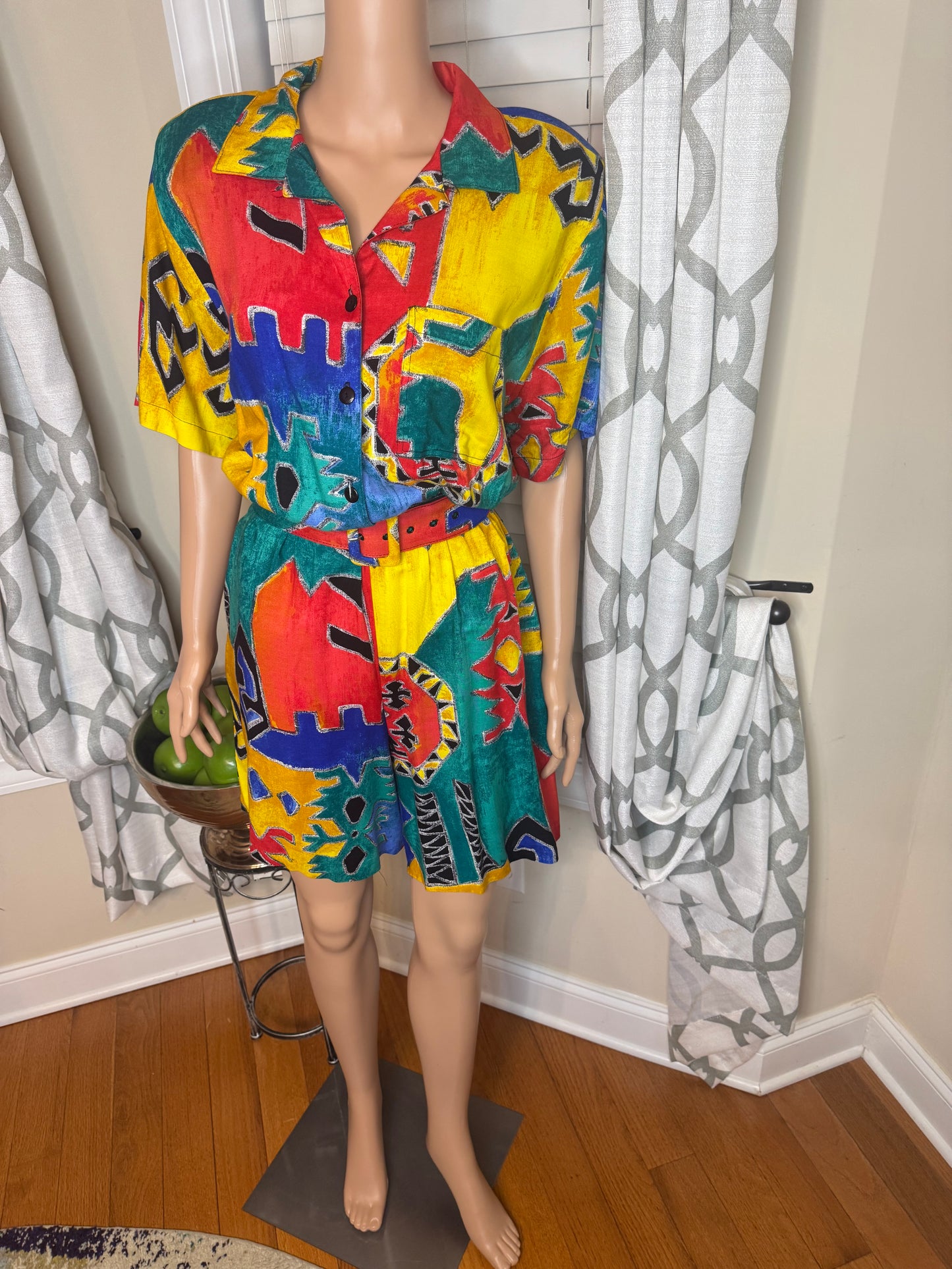 Caliche' Abstract Print Shorts Romper with Belt