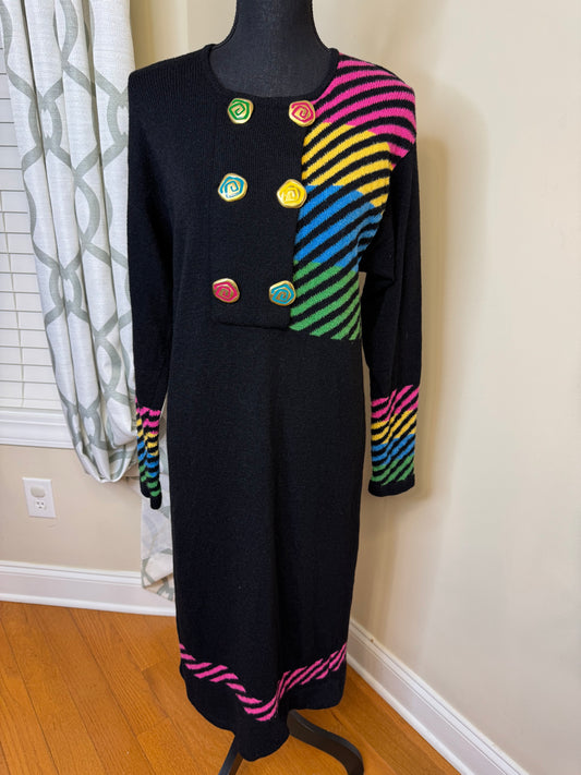 Vtg 80s Striped Sweater Dress with Accent Buttons
