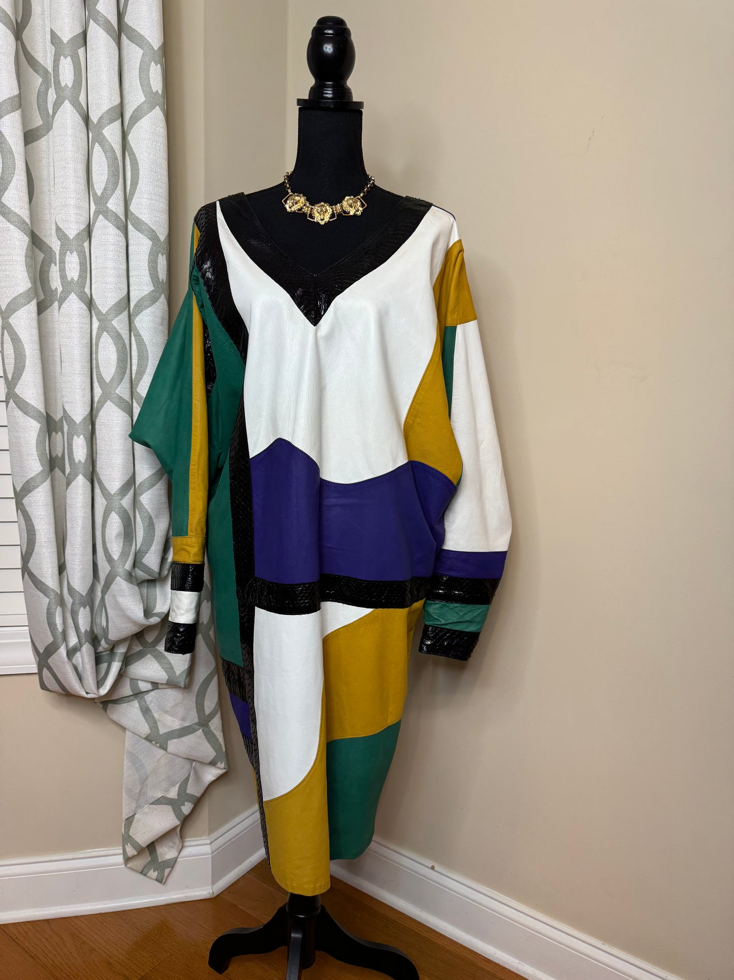 EREZ Colorblock Leather, Suede, and Snakeskin Trimmed Dress