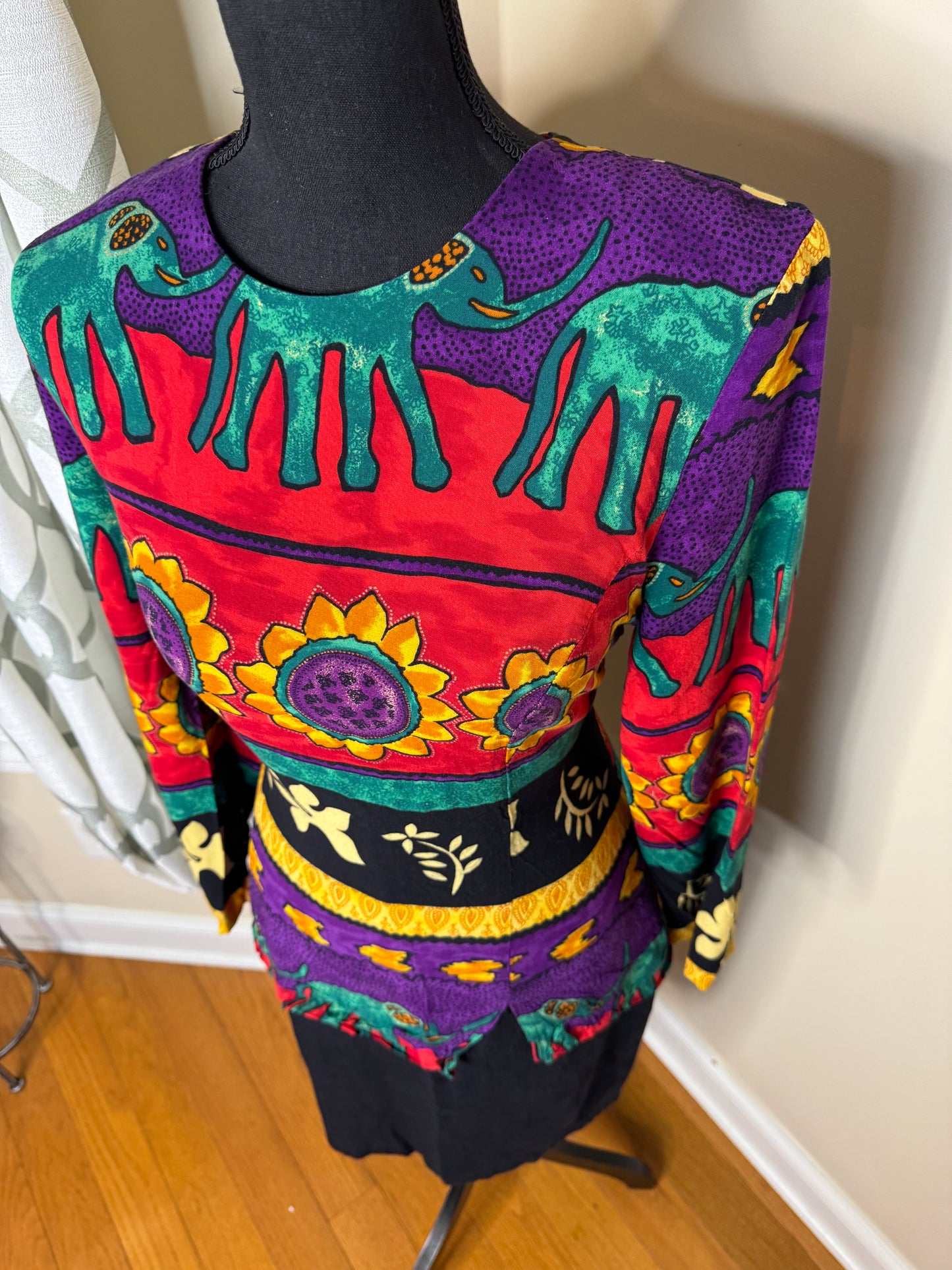 Vintage 80's Elephant/Sunflower Print Dress