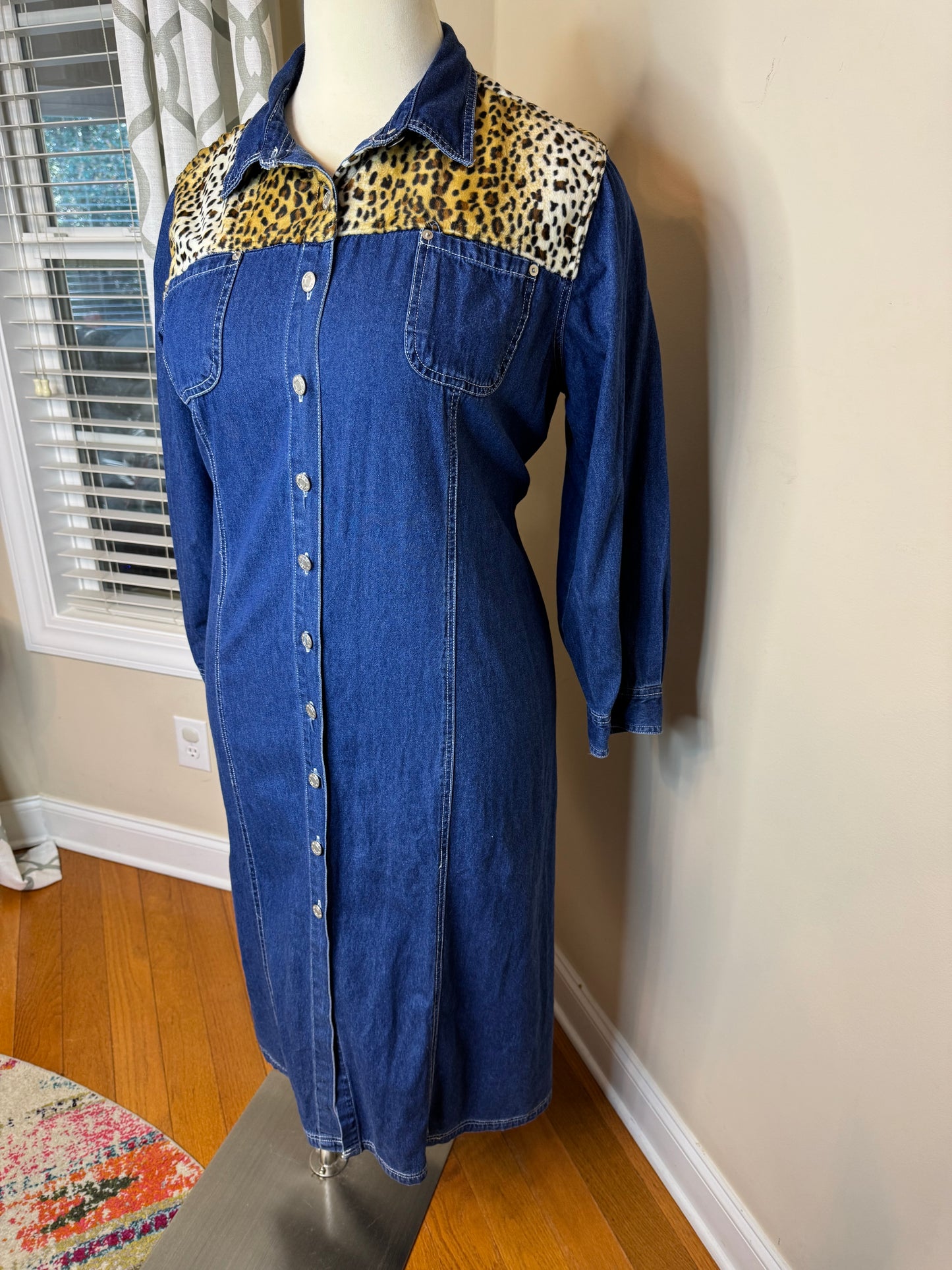 Baccini Vintage Animal Print Trimmed Denim Dress