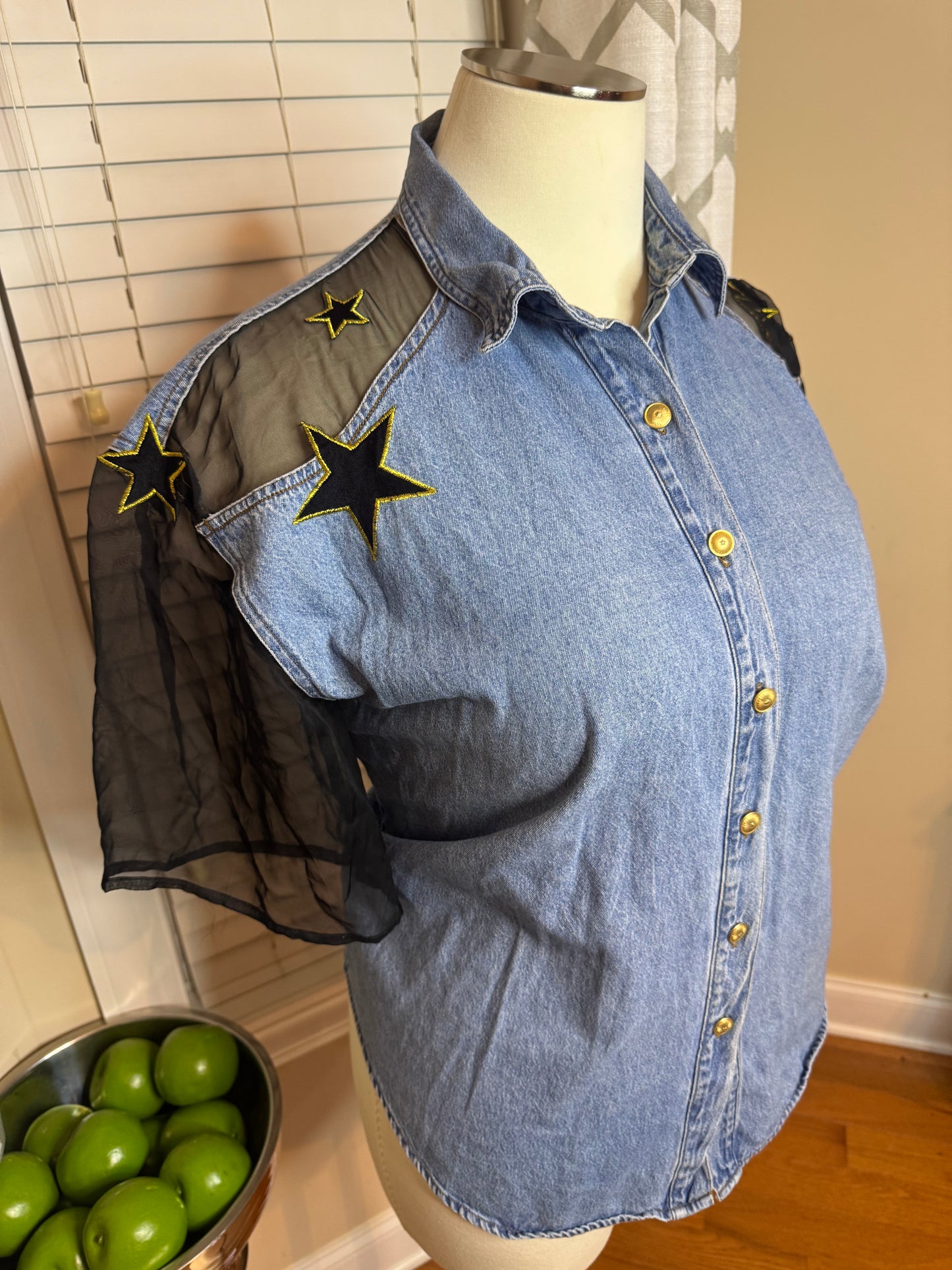 Vintage ZANA-DI Denim Star Embroidered Shirt with Sheer Sleeves