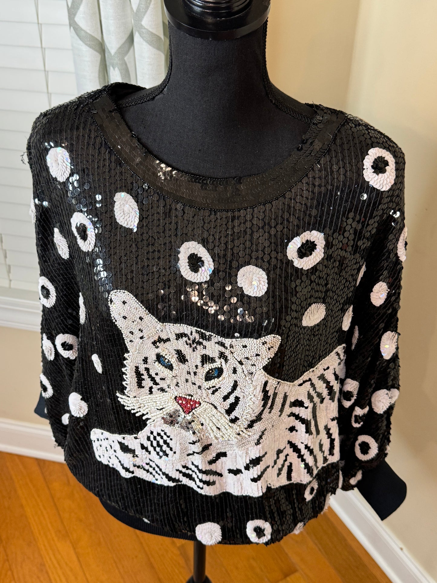 Vintage MODI Sequin White Tiger Dolman Sleeve Top