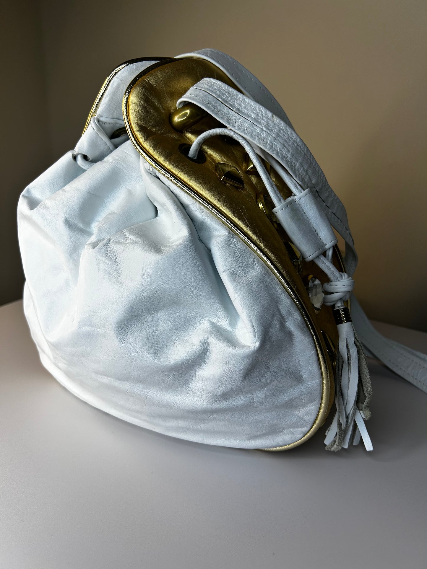White Bejeweled Bucket Bag