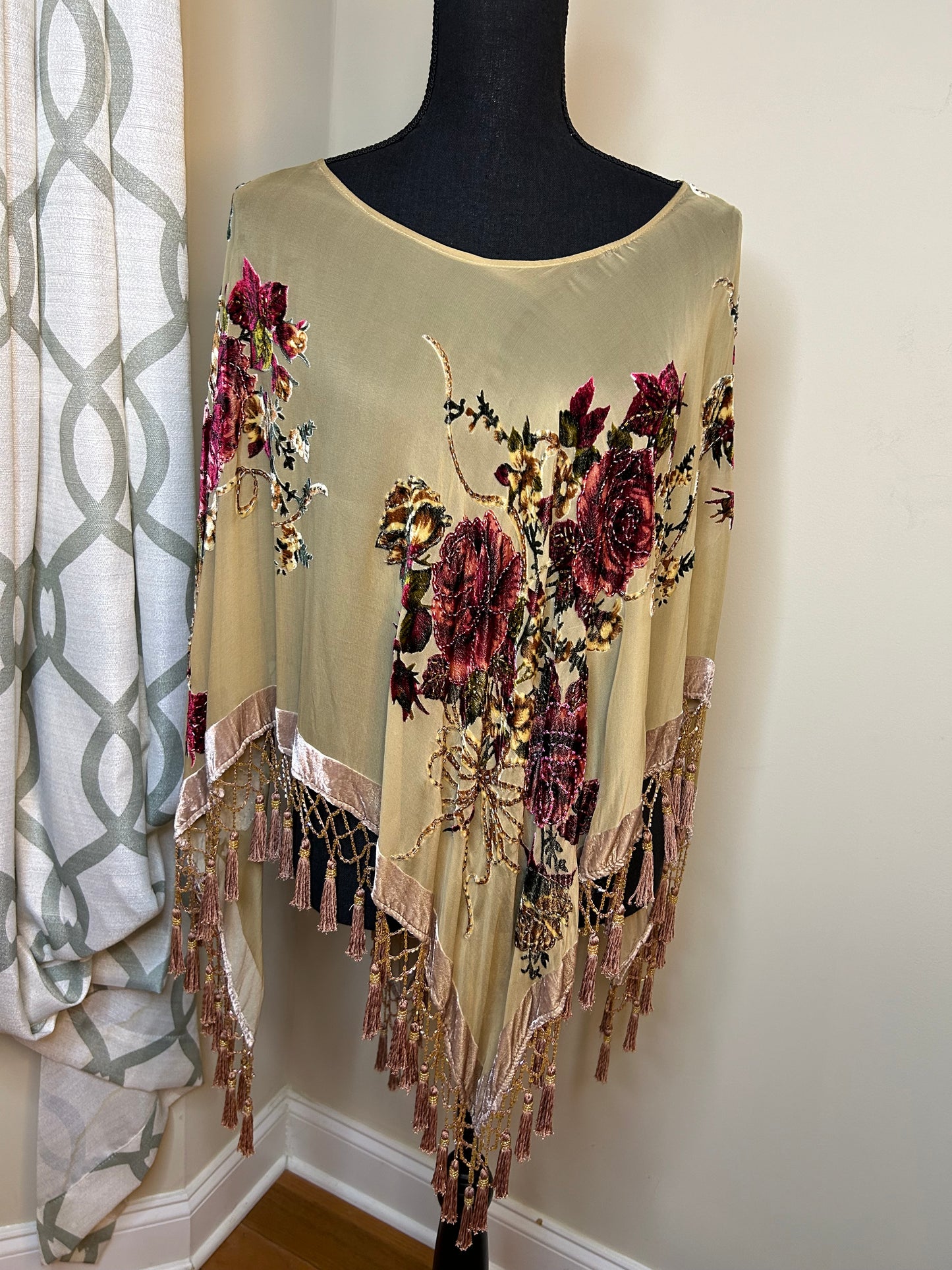 Cache Embroidered and Beaded Poncho with Sequin Tassels