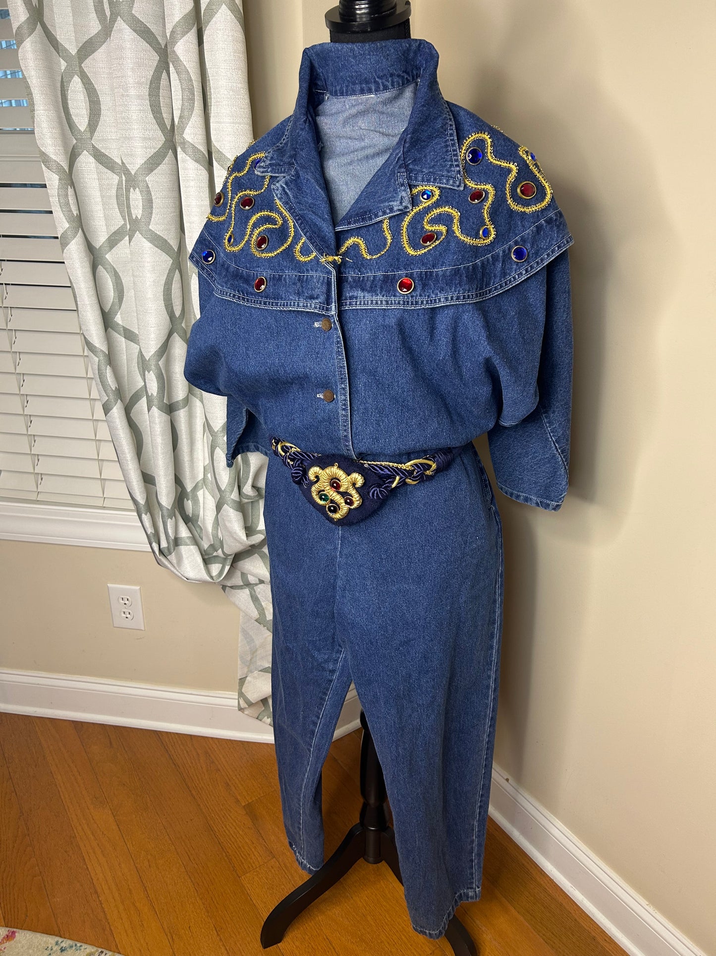 Dolman Sleeve Bejeweled Denim Romper with Belt