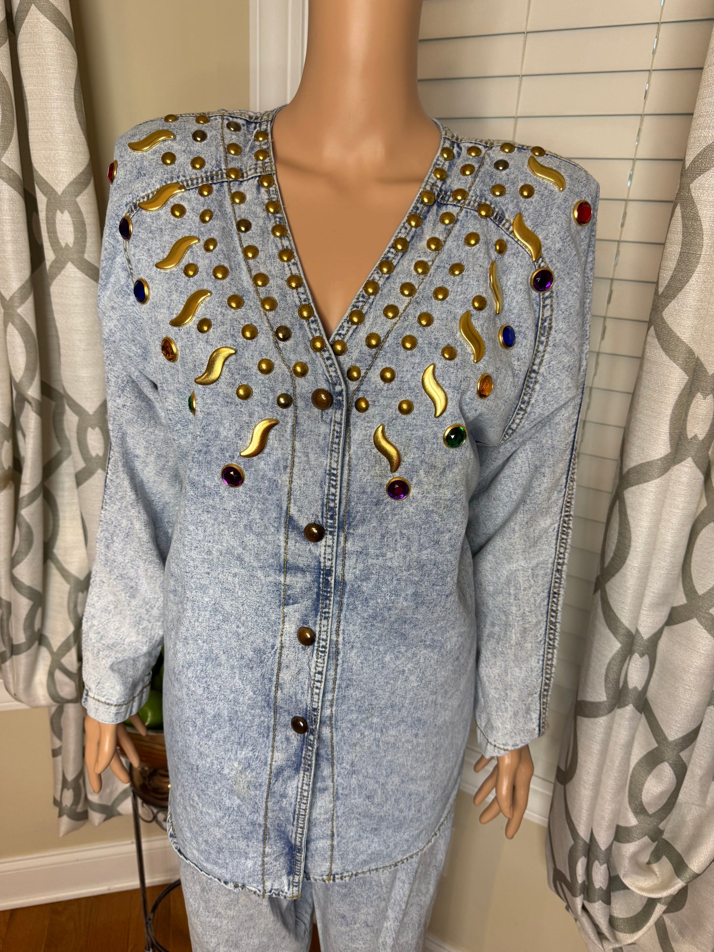 Monique Fashions Bejeweled Denim 2-Piece Pant Set