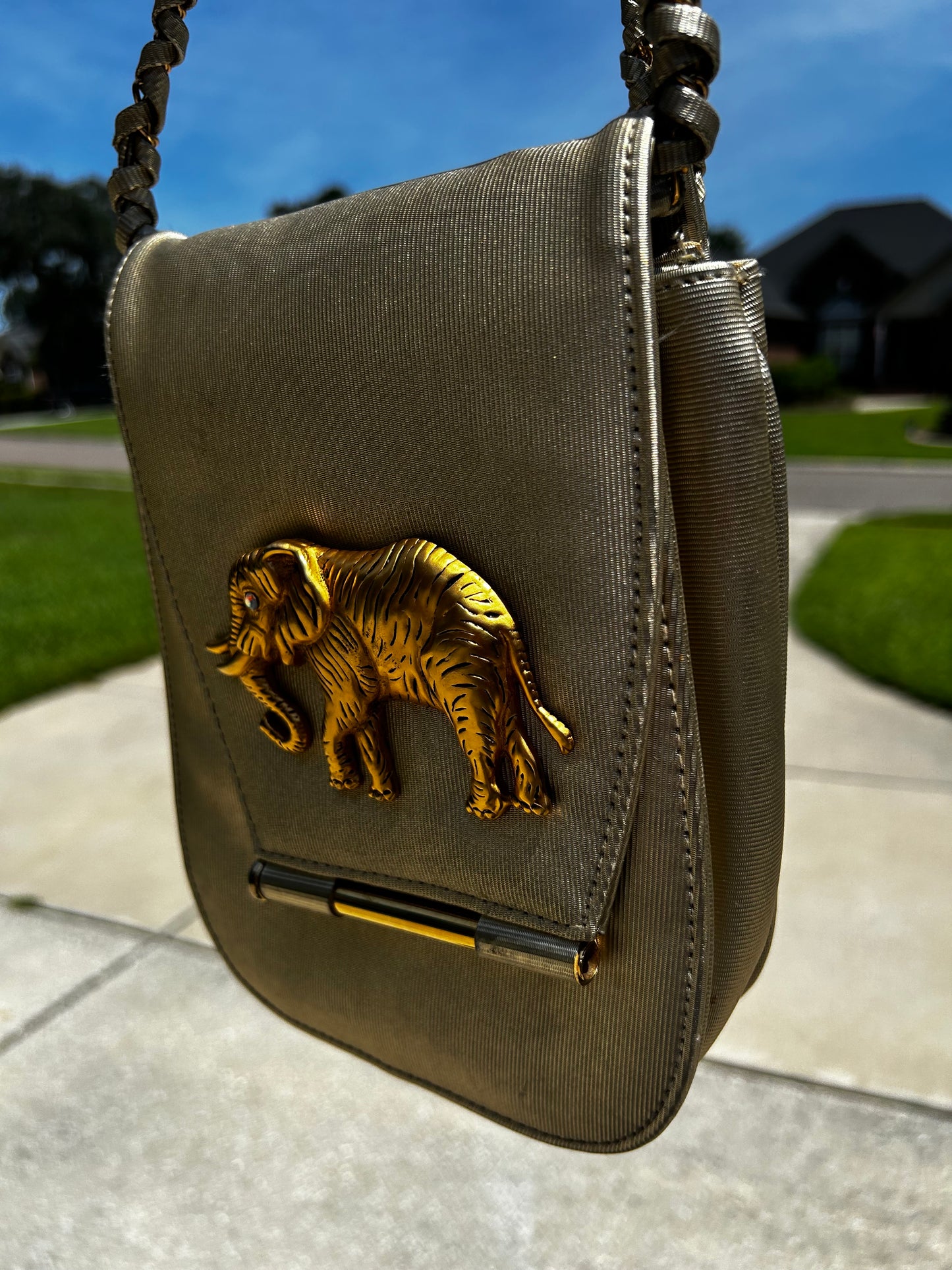 Vintage Gold Metallic Crystal Eyes Elephant Bag