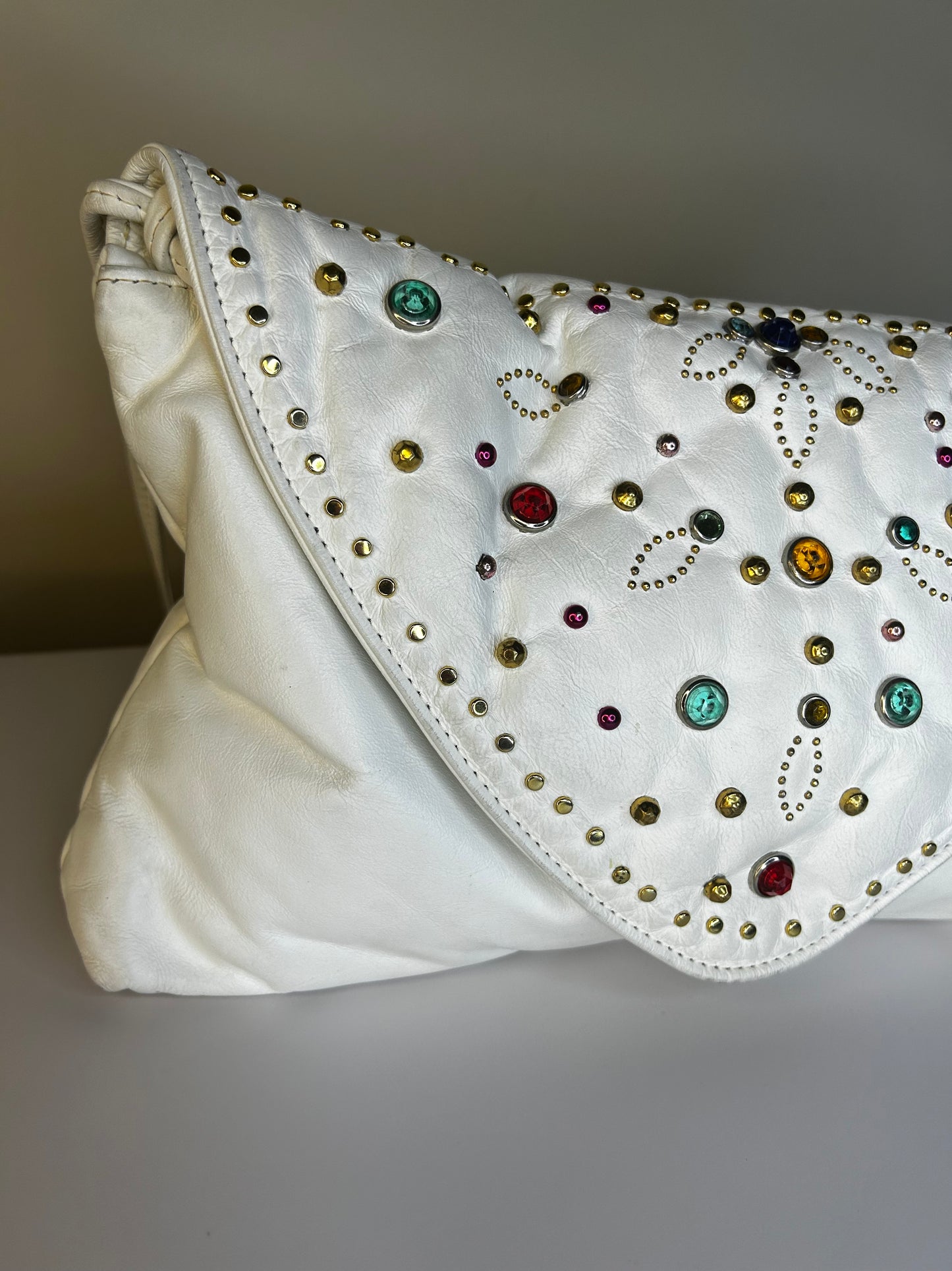 Gem Embellished White Clutch/Shoulder Bag